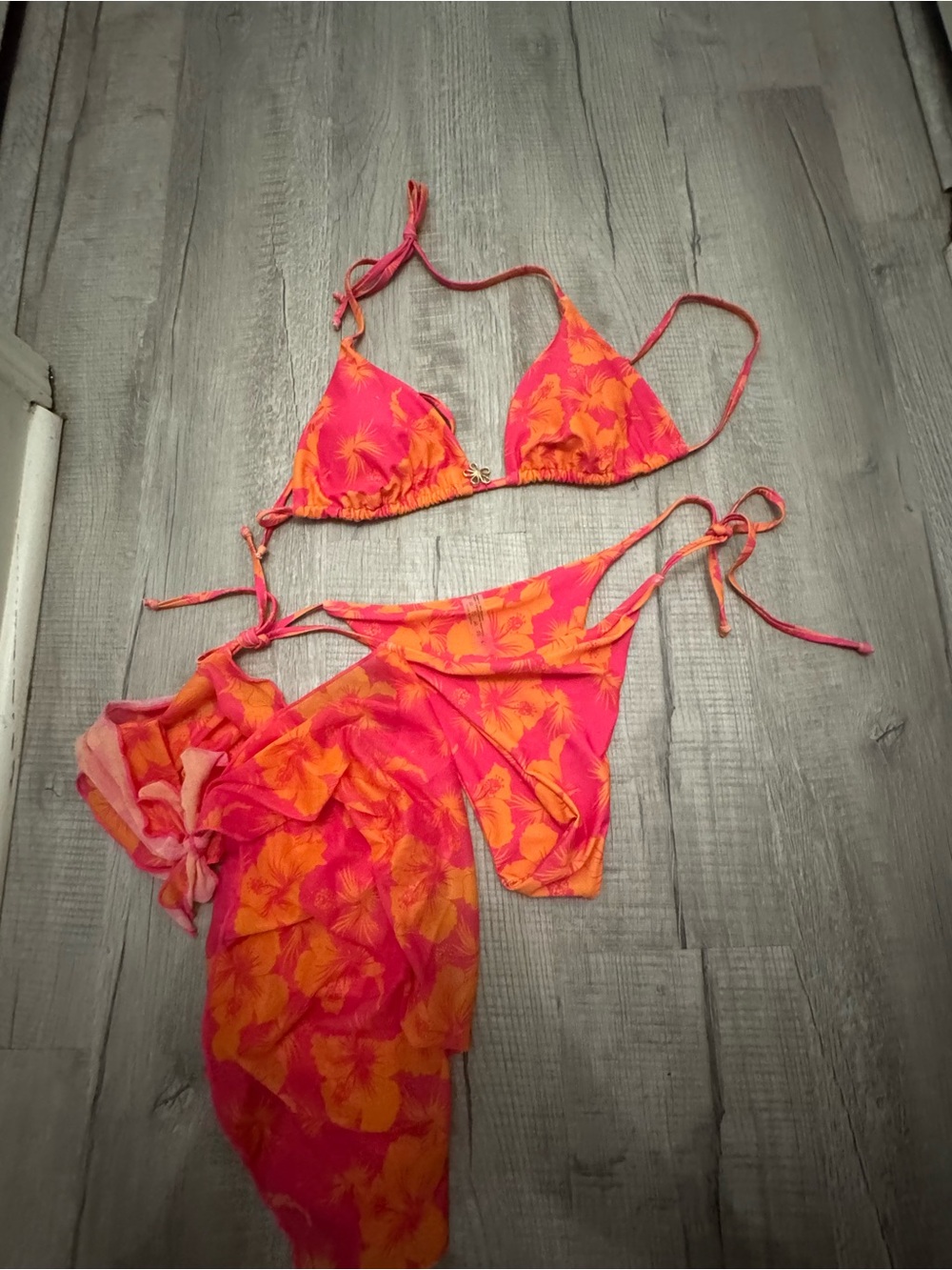 SHEIN Pink & Orange Floral Triangle Bikini Set with Sarong